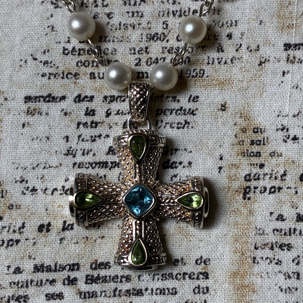 Judith Ripka Sterling Silver Cross Enhancer Aquamarine & Peridot Gemstones - Picture 5 of 14
